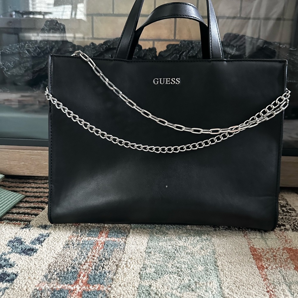 GUESS Black Tote with Silver Chain Accent - Picture 2 of 3